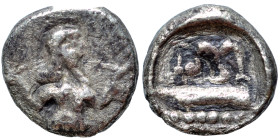 PHOENICIA. Arados. Circa 400-350 BC. Obol (silver, 0.72 g, 9 mm). Uncertain deity standing right. Rev. Half-length figure of Ba'al-Arwad facing, head ...