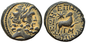 SYRIA, Seleucis and Pieria. Antioch. Pseudo-autonomous issue, time of Augustus, 27 BC-14 AD. Ae (bronze, 7.94 g, 20 mm), 12/13 AD. Laureate head of Ze...