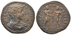 CILICIA, Isaura. Caracalla, 198-217. Ae (bronze, 7.60 g, 26 mm). Laureate and cuirassed bust right. Rev. Caracalla standing right, holding spear and c...