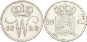 10 Cent. Willem I. 1828 U. Zeer Fraai +. Sch. 308. 1,7 g.