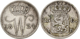 25 Cent. Willem I. 1824 B. Zeer Fraai -. Sch. 295. 4,2 g.