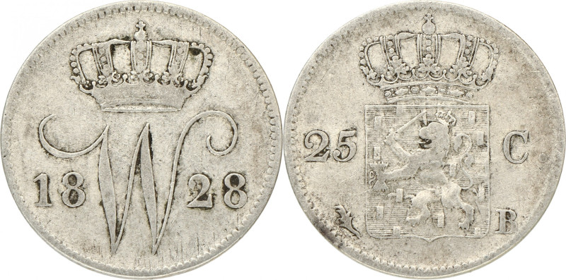 25 Cent. Willem I. 1828 B. Zeer Fraai -. Sch. 299. 4,19 g.