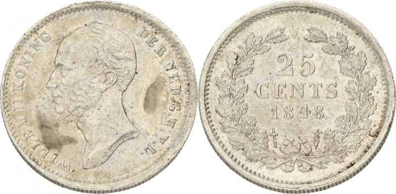 25 cent. Willem II. 1848. Prachtig / UNC. Vz. Bekrast. Sch. 532. 3,5 g.