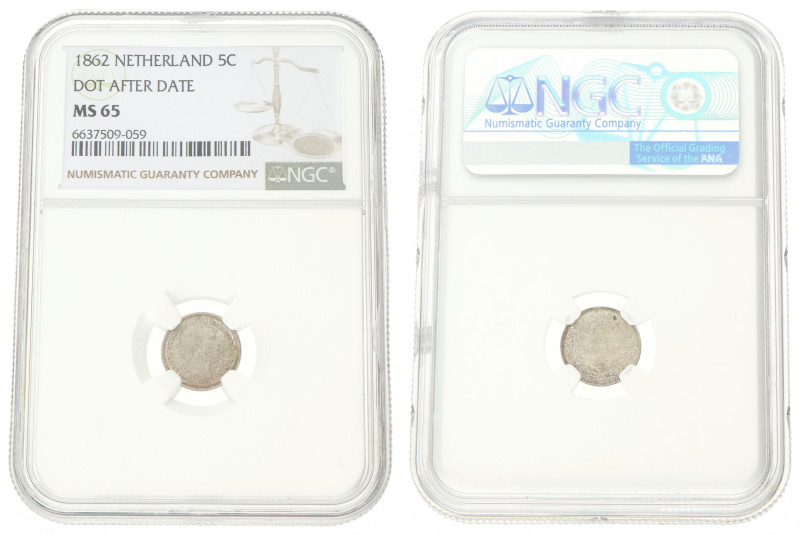 5 Cent. Willem III. 1862. MS 65. NGC Graded: 6637509-059. Sch. 670. 0,68 g.