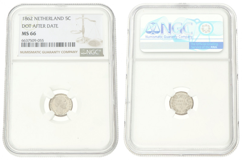 5 Cent. Willem III. 1862. MS 66. NGC graded: 6637509-055. Sch. 670. 0,685 g.