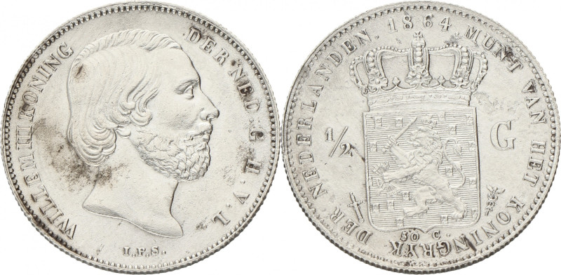 ½ Gulden. Willem III. 1864. Prachtig. Opgewreven. Sch. 631. 4,9 g.