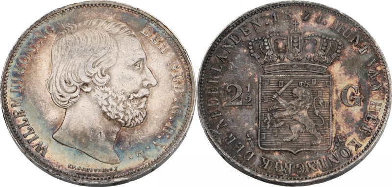 2½ gulden. Willem III. 1871. Zeer Fraai / Prachtig. Mooie patina. Gepoetst. Sch....