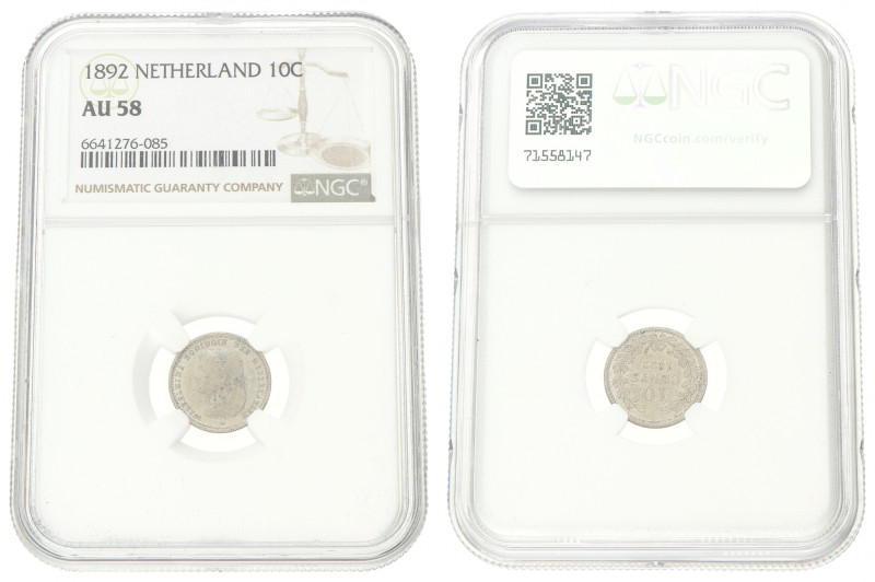 10 Cent. Wilhelmina. 1892. AU 58. NGC graded: 6641276-085. Sch. 876. 1,4 g.