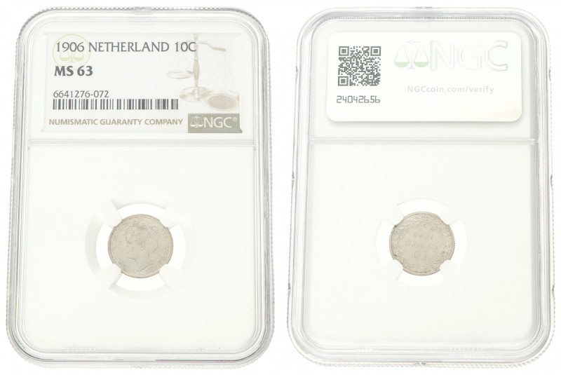 10 Cent. Wilhelmina. 1906. MS 63. NGC Graded: 6641276-072. Sch. 888. 1,4 g.