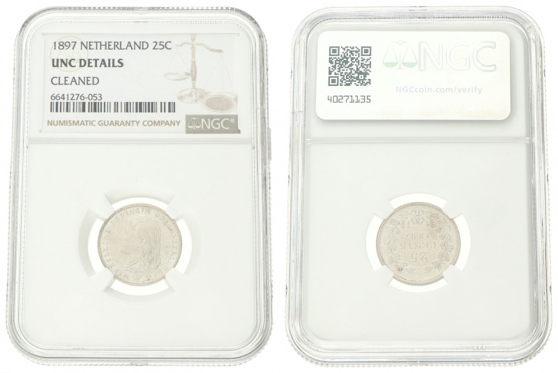 25 cent. Wilhelmina. 1897. UNC Details. NGC Graded: 6641276-053 Gepoetst. Sch. 8...