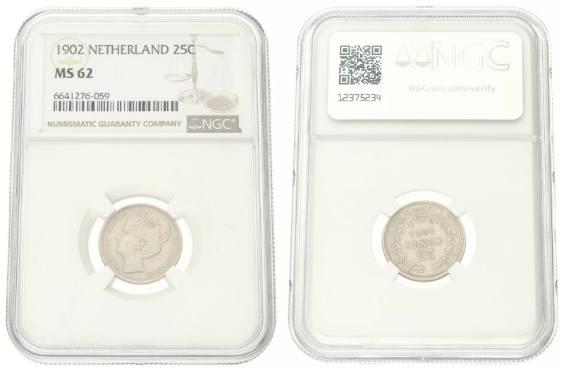 25 Cent. Wilhelmina. 1902. MS 62. NGC Graded: 6641276-059. Sch. 855. 3,57 g.