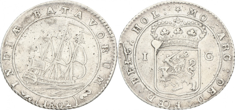 1 Gulden. Nederlands-Indië. 1802 - Grote mast tussen T A. Zeer Fraai +. Stempelb...