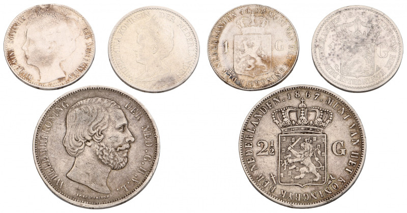 Lot (3) 1 Gulden - 2½ Gulden. Willem III - Wilhelmina. 1867, 1908 & 1915. Zeer F...