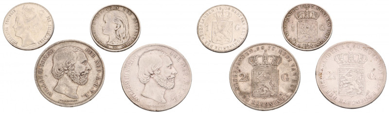 Lot (4) 1 Gulden - 2 Gulden. Willem III Wilhelmina. 1850/70/97 - 1908. Zeer Fraa...