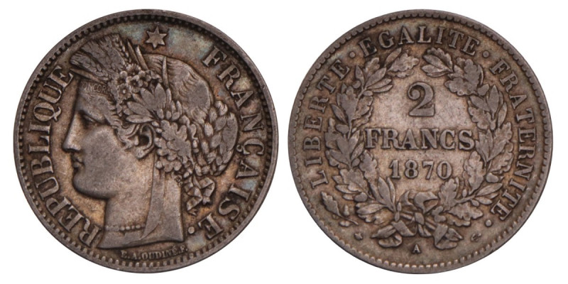 France. Third Republic. 2 Francs. 1870 A. VF +. Small A. KM 817.1, Gad 530. VF +...