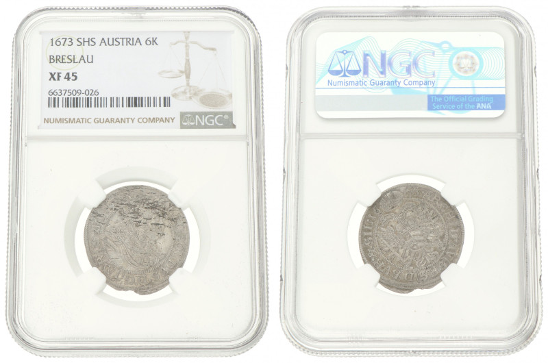 Austria. Empire. Leopold I. 6 Kreuzer. 1673 SHS. XF 45. NGC graded: 6637509-026.