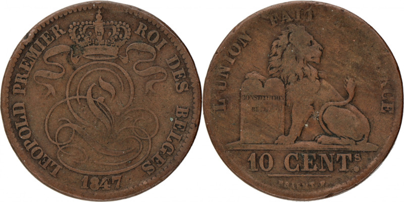 Belgium. Leopold I. 10 Centimes. 1847/37 without point. M. 63c. 19,26 g. F +.