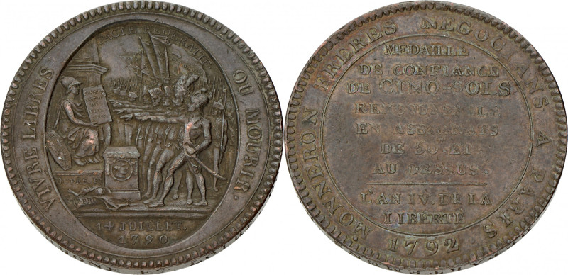 France. Paris. 5 Sols. An 4 (1792). VF / XF. Issued by the Monneron brothers. 30...