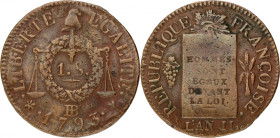 France. First republic. 1 Sol. 1793 BB. VF +. 11,86 g.