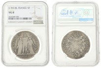 France. First republic. 5 Francs. An 8 L. VG 8. NGC graded: 6637509-090. Gad. 563a. 25 g.
