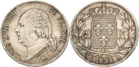 France. Second kingdom. Louis XVIII. 5 Francs. 1824 A. XF -. Cleaned. 25 g.