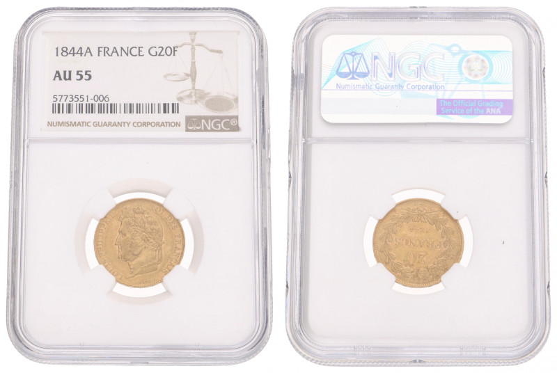 France. Second kingdom. Louis Philippe I. 20 Francs. 1844 A. AU 55. NGC graded: ...