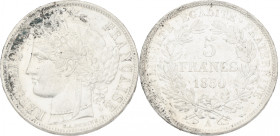 France. Second Republic. 5 Francs. 1850 A. XF. Scratched. Gad. 719. 25 g.