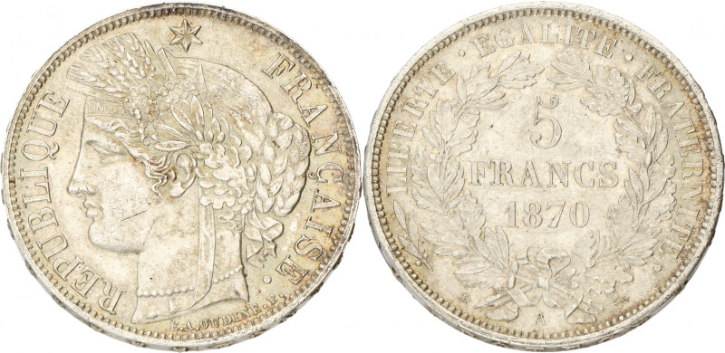 France. 3rd Republic. 5 Francs. 1870 A. AUnc. Cleaned. Gad. 742. 25 g.