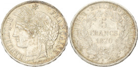 France. 3rd Republic. 5 Francs. 1870 A. AUnc. Cleaned. Gad. 742. 25 g.
