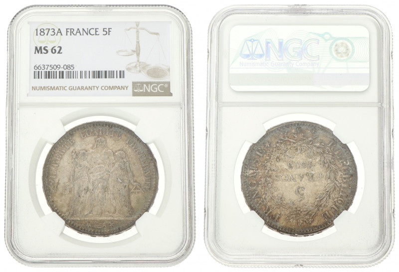 France. Third republic. 5 Francs. 1873 A. MS 62. NGC graded: 6637509-085. Gad. 7...