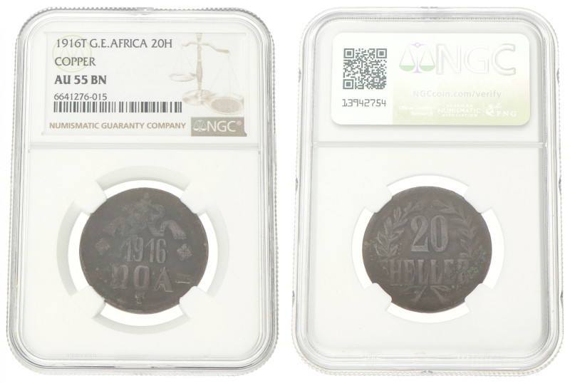German East Africa. Wilhelm II. 20 Heller. 1916 T. AU 55 BN. NGC Graded: 6641276...