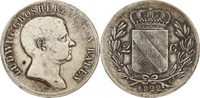 German states. Baden. Lüdwich I. 2 gulden. 1822. F / VF. AKS 54. 15,2 g.