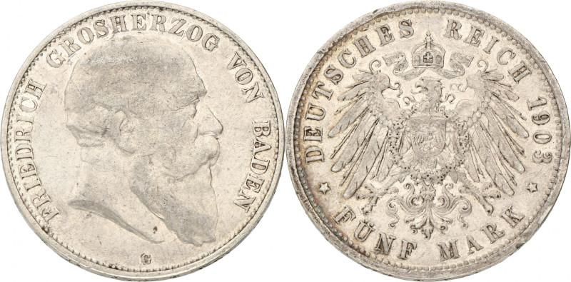 German states. Baden. Friedrich I. 5 Mark. 1903. VF. 27,62 g.