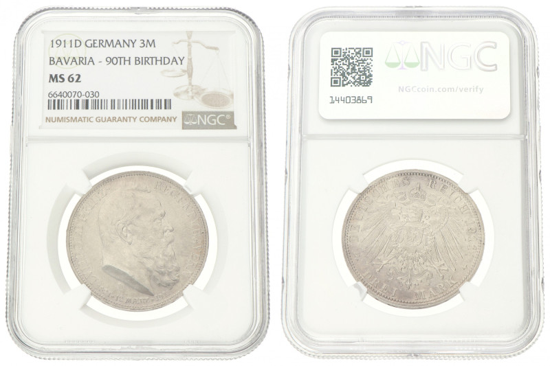 German states. Bavaria. Luitpold. 3 Mark - 90th Birthday of prince regent Luitpo...