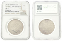 German states. Bavaria. Luitpold. 3 Mark - 90th Birthday of prince regent Luitpold. 1911D. MS 62. NGC Graded: 6640070-030. 16,66 g.
