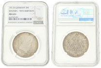 German states. Bavaria. Luitpold. 3 Mark - 90th birthday. 1911 D. MS 63+. NGC graded: 6637509-037. AKS 206. J. 49. 16,66 g.