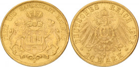 German states. Hamburg. 20 Mark. 1905. XF. AKS 38. J. 212. 8,1 g.
