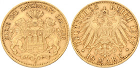 German states. Hamburg. 10 Mark. 1907 J. XF -. 4 g.