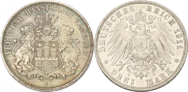 German states. Hamburg. 3 Mark. 1911 J. AUnc. AKS 46. J. 64. 16,7 g.