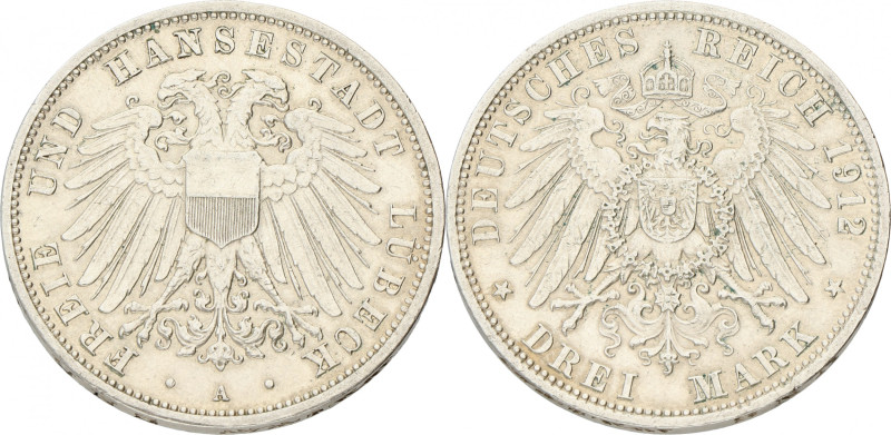 German states. Lübeck. 3 Mark. 1912 A. VF / XF. Cleaned. AKS 4. J. 82. 16,6 g.