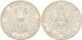 German states. Lübeck. 3 Mark. 1912 A. VF / XF. Cleaned. AKS 4. J. 82. 16,6 g.