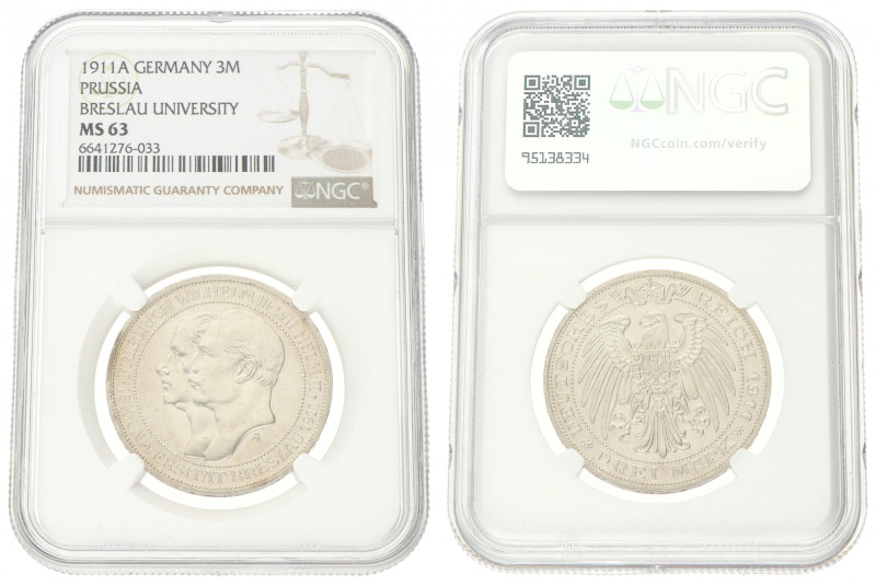 German States. Prussia. Wilhelm II. 3 Mark - Wroclaw University. 1911. MS 63. NG...