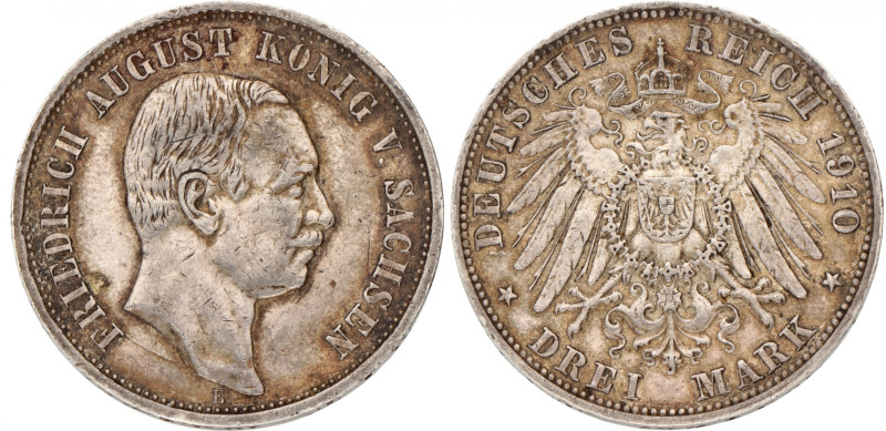 German States. Saxony. Friedrich August III. 3 Mark. 1910 E. VF +. 16,8 g. VF +.