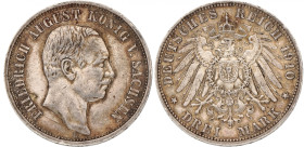 German States. Saxony. Friedrich August III. 3 Mark. 1910 E. VF +. 16,8 g. VF +.