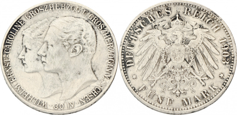 German states. Saxe-Weimar-Eisenach. 5 Mark - Mariage of Wilhelm Ernst & Carolin...