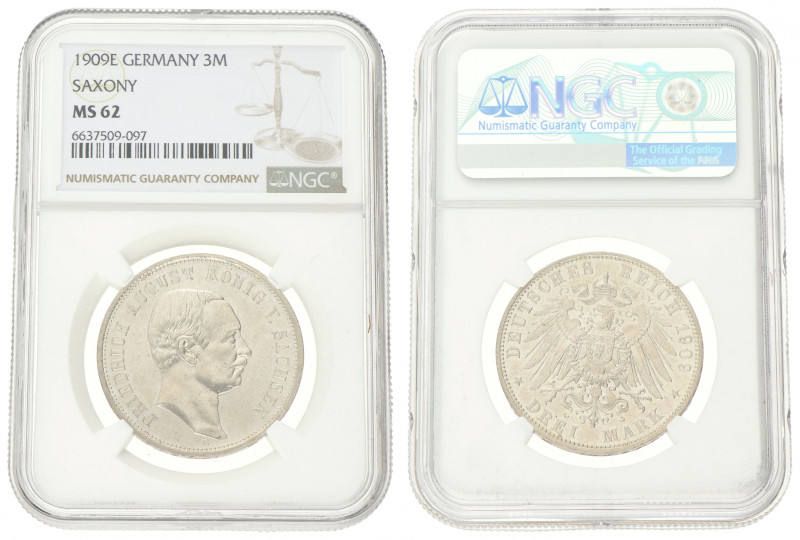 German states. Saxony. Friedrich August. 3 Mark. 1909 E. MS 63. NGC graded: 6637...