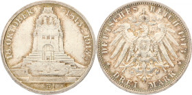 German states. Saxony. 3 Mark - Völkerschlachtdenkmal. 1913 E. XF. AKS 190. J. 140. 16,68 g. XF.