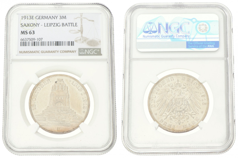German states. Saxony. 3 Mark - 100th Anniversary of the Völkerschlacht. 1913 E....