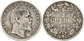 German states. Württemberg. Karl I. ½ Gulden. 1870. VF. 5,15 g.