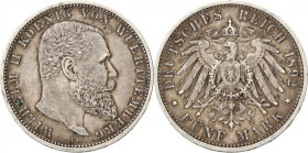 German States. Württemberg. Wilhelm II. 5 Mark. 1892. VF +. 27,8 g.